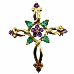 FRANKLIN MINT / Pendentif Croix Or Jaune 18k Diamant, Emeraudes & Améthystes