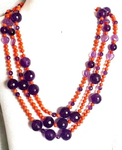 Grand collier sautoir corail ancien méditerranéen et perles d'améthyste