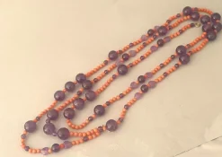 Grand collier sautoir corail ancien méditerranéen et perles d'améthyste