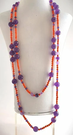 Grand collier sautoir corail ancien méditerranéen et perles d'améthyste