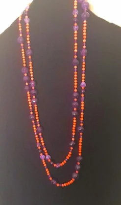 Grand collier sautoir corail ancien méditerranéen et perles d'améthyste