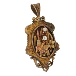 Grand médaillon victorien antique en or jaune 14 carats avec pendentif en diamant et papillon
