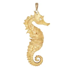 Grand pendentif hippocampe vintage en or jaune avec œil en diamant