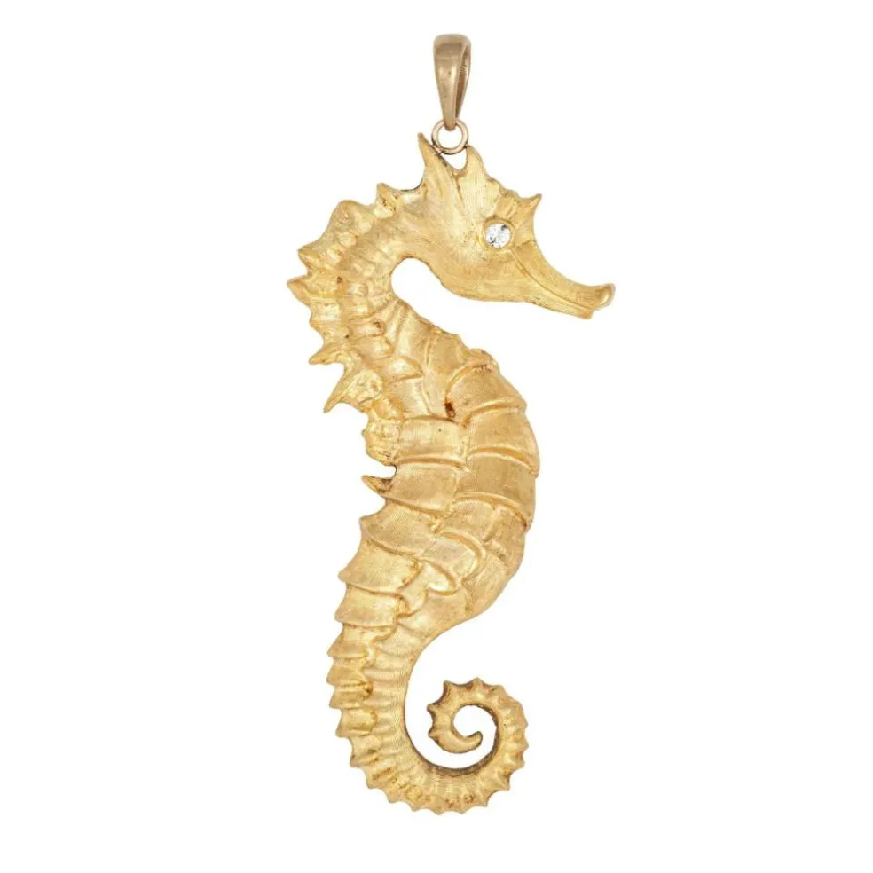 Grand pendentif hippocampe vintage en or jaune avec œil en diamant