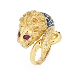 Grande Bague Lion Yeux Rubis Diamant Émail Bleu