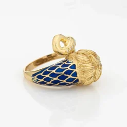 Grande Bague Lion Yeux Rubis Diamant Émail Bleu