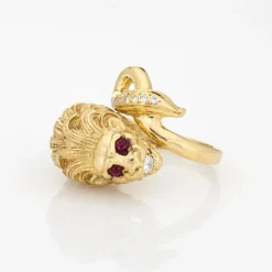 Grande Bague Lion Yeux Rubis Diamant Émail Bleu