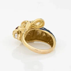 Grande Bague Lion Yeux Rubis Diamant Émail Bleu
