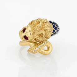 Grande Bague Lion Yeux Rubis Diamant Émail Bleu