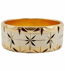 Large bague jonc alliance or rose et gris ciselée de motifs étoilés