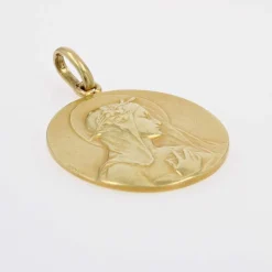 Médaille ancienne or jaune Vierge auréolée et fleur de lys