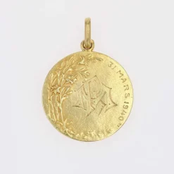 Médaille ancienne or jaune Vierge auréolée et fleur de lys