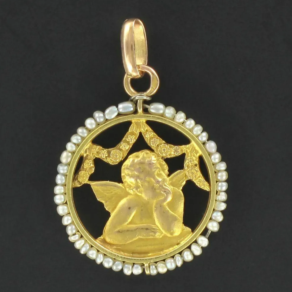 Médaille ange en or et perles fines