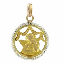 Médaille ange en or et perles fines