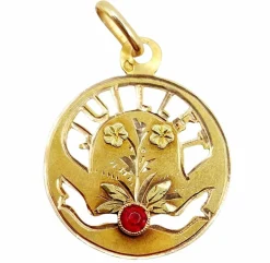 Médaille antique or jaune mois de naissance Juillet et pierre rouge (circa 1900)