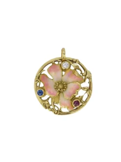 Médaille Art-Nouveau en or, émail, diamant, saphir et rubis