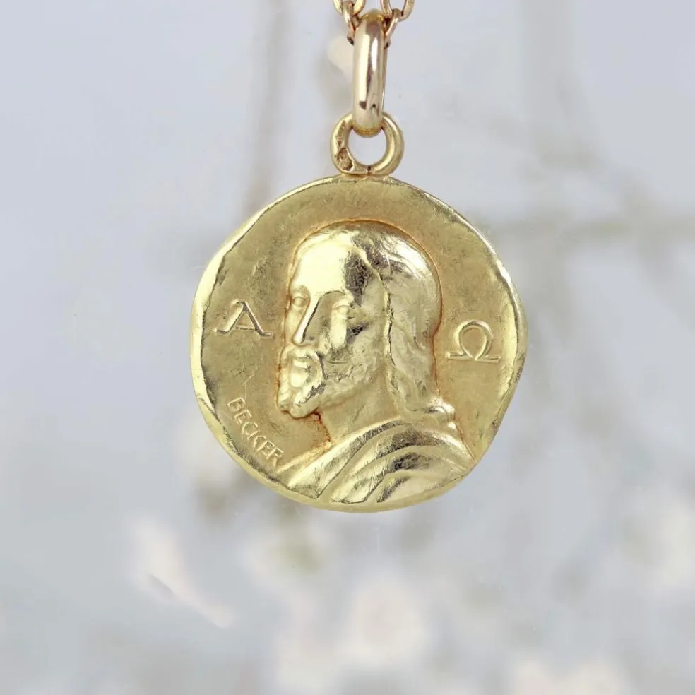 Médaille de baptême or jaune Christ Catacombes signée Becker