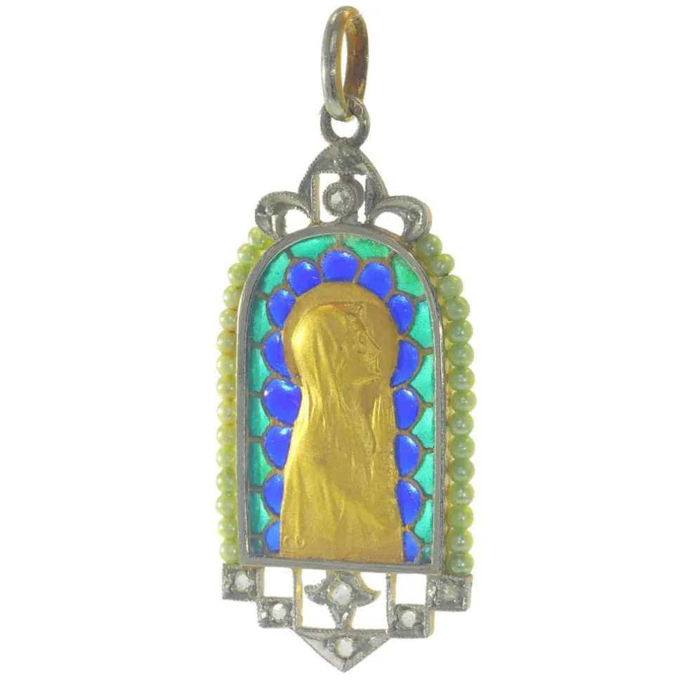 Médaille Marie vintage Diamants et émail plique-à-jour