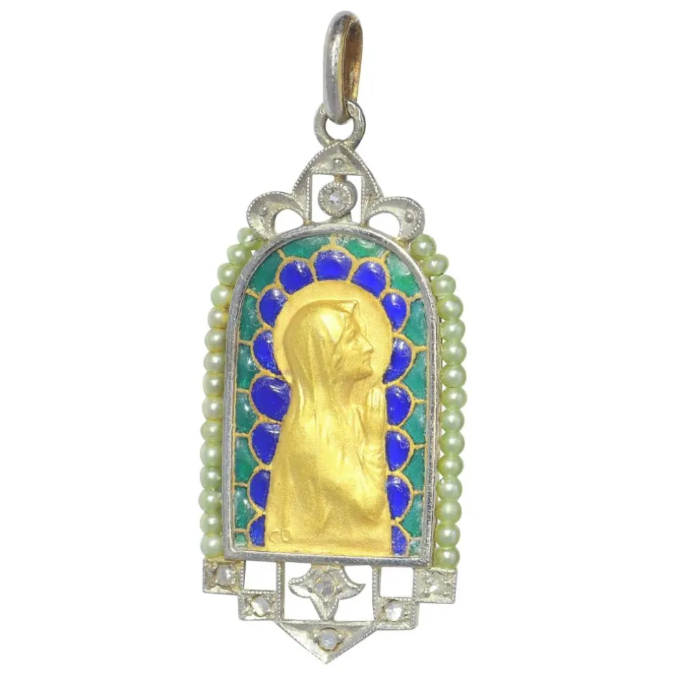 Médaille Marie vintage Diamants et émail plique-à-jour