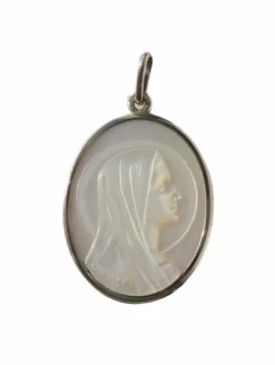 Médaille pendentif vintage Vierge nacre or blanc