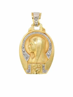 Médaille religieuse Art Deco Vierge de profil or jaune diamants taille rose