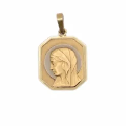 Médaille religieuse octogonale Vierge de profil auréolée d’or blanc