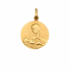 Médaille religieuse ronde Vierge priant su enfant Jésus couché or jaune
