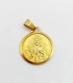 Médaille religieuse vintage or jaune double face représentant la vierge et Jésus Christ