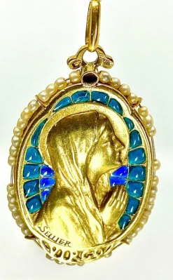 Médaille vierge émail perles fines signée SELLIER