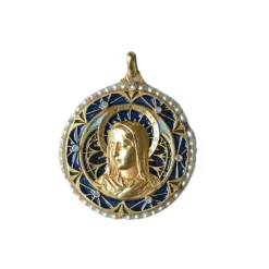 Médaille Vierge Marie émail plique à jour perles diamants