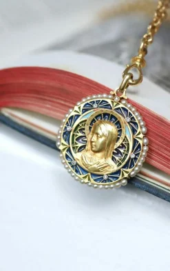 Médaille Vierge Marie émail plique à jour perles diamants