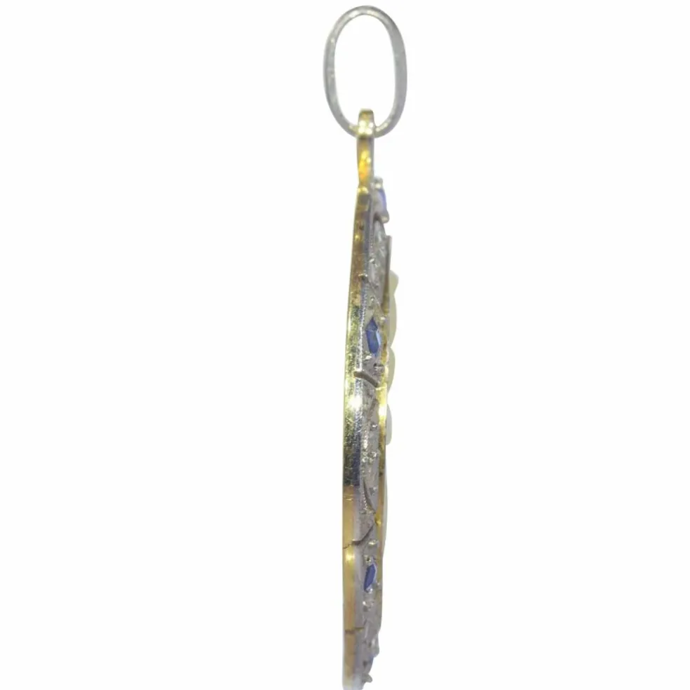 Médaille vintage édouardienne - Art déco des années 1920 en diamant et saphir représentant la Vierge Marie et l'enfant Jésus