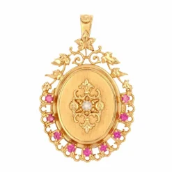 Médaillon ancien en or rose perle et rubis