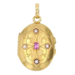 Médaillon ancien en or rubis perles