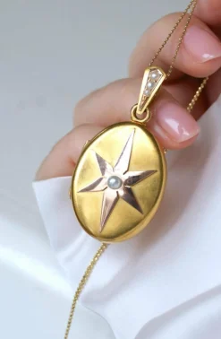Médaillon ancien étoile or rose et or jaune, perles fines