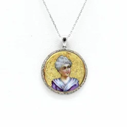 Médaillon miniature en émail victorien en or 14 carats avec chaîne en or 14 carats