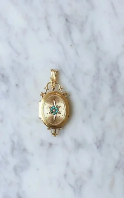Médaillon étoile or rose et turquoises