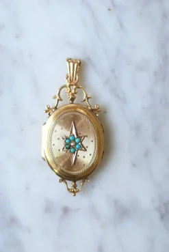Médaillon étoile or rose et turquoises