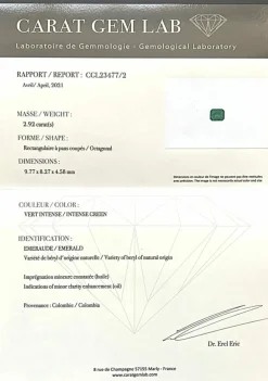 Émeraude de Colombie certifiée de 2,92 carats