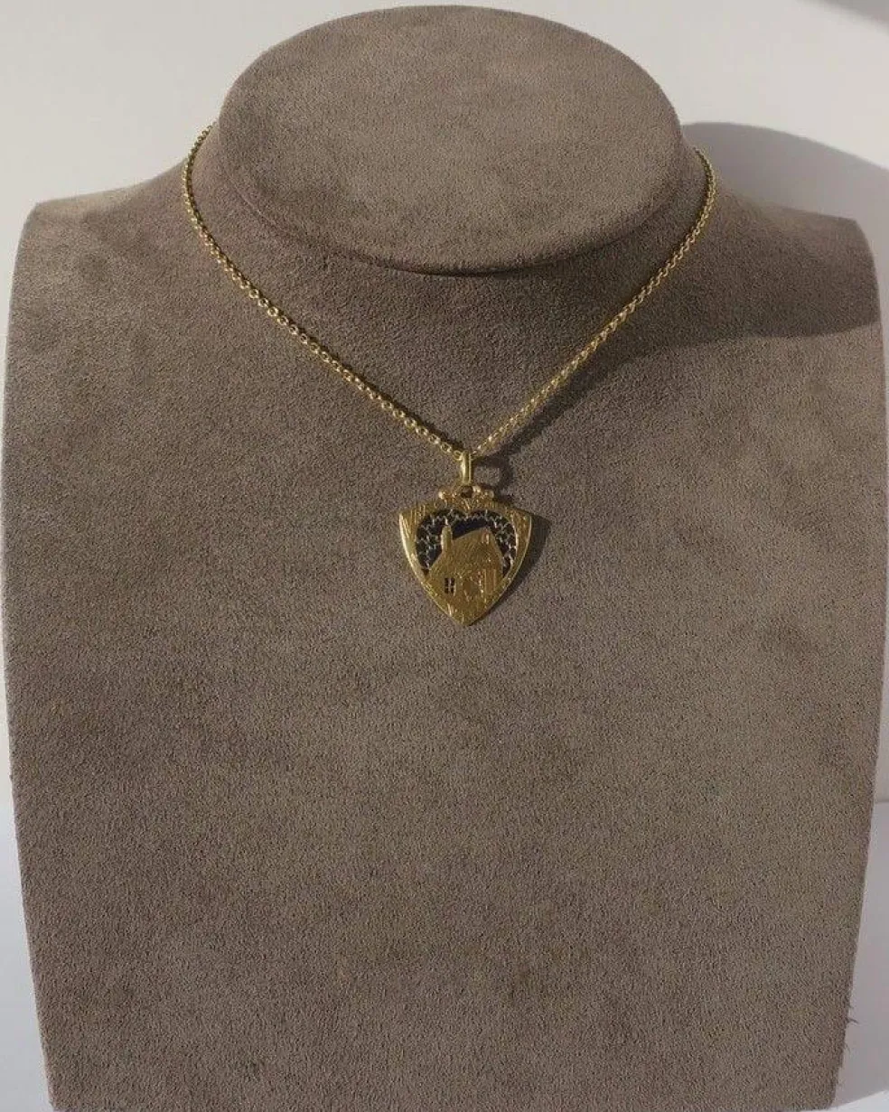 MONIER rare pendentif ancien Cœur chaumière émail plique à jour or