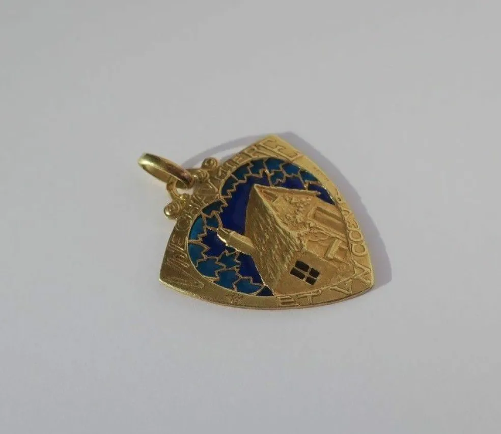 MONIER rare pendentif ancien Cœur chaumière émail plique à jour or