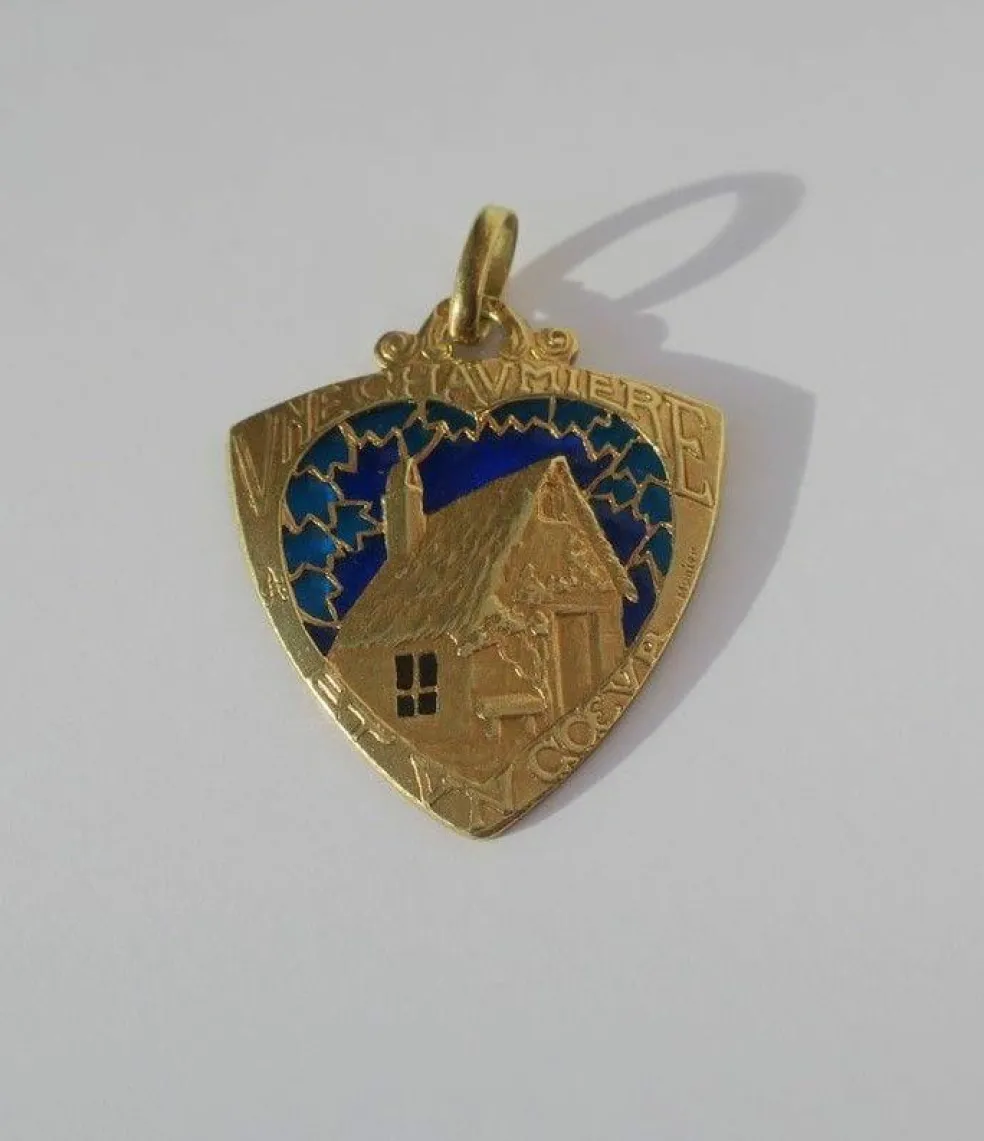 MONIER rare pendentif ancien Cœur chaumière émail plique à jour or