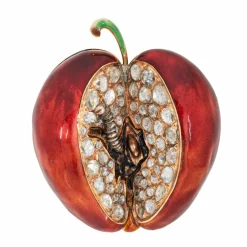 Énorme pendentif pomme et vers diamants or jaune