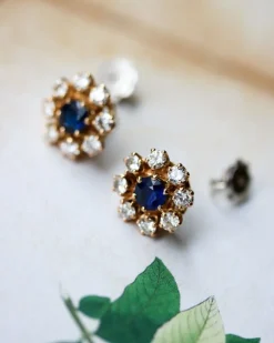 Paire de Boucles d'Oreilles Marguerite Saphir et Diamants