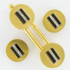 Parure ancienne boutons de gilet et broche onyx et diamants