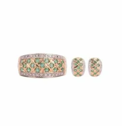 Parure Bague et boucles d’oreilles motif treillis diamants et émeraudes