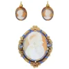 Parure Boucles d'oreilles et Broche ancienne or camée et émail