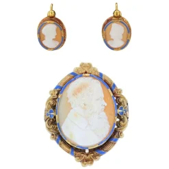 Parure Boucles d'oreilles et Broche ancienne or camée et émail