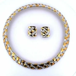 PARURE COLLIER ET BOUCLES D'OREILLES - OR BLANC ET JAUNE 18 KT