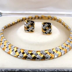 PARURE COLLIER ET BOUCLES D'OREILLES - OR BLANC ET JAUNE 18 KT